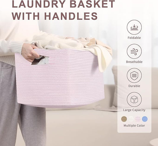 60L Small Baby Girls Laundry Basket for Nursery Storage,Cute Woven cotton Rope Baskets for Kids Toy，Gifts, Boho Square Wicker Blanket hamper for Living Room,Bedroom Dirty Clothes,Pink