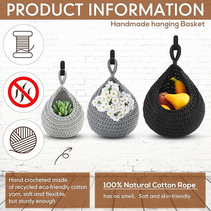 Honeydak Boho Decor Hanging Wall Baskets for Kitchen 3 Pack Teardrop Baskets with Hooks Storage Fruit Onion Vegetable Potato for Home 3 Sizes(Light Grey, White, Dark Grey,Cotton Rope)