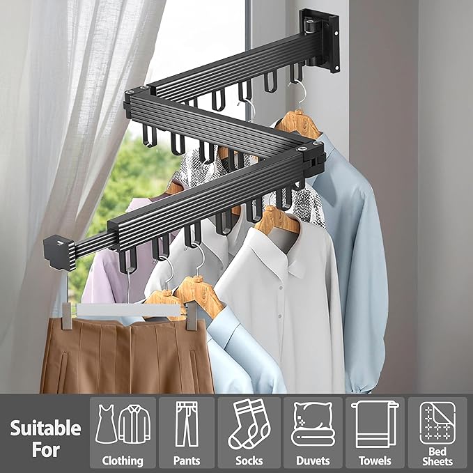 Clothes Drying Rack - Comes with Portable Travel Clothes Hanger 2X -Wall Mounted Drying Rack - Space Saving - Easy to Install - Clothes Hanging - Retractable - (Tri-Fold) (Dark Gray)