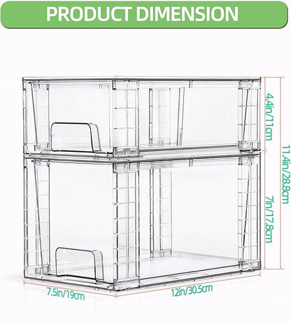 Clear Stackable Acrylic Storage Drawers(4 Pack), Plastic Organizer Bins with Handles, Easy Assembly for Bathroom Kitchen Pantry Cabinet Under Sink Snack Home Storage Solutions