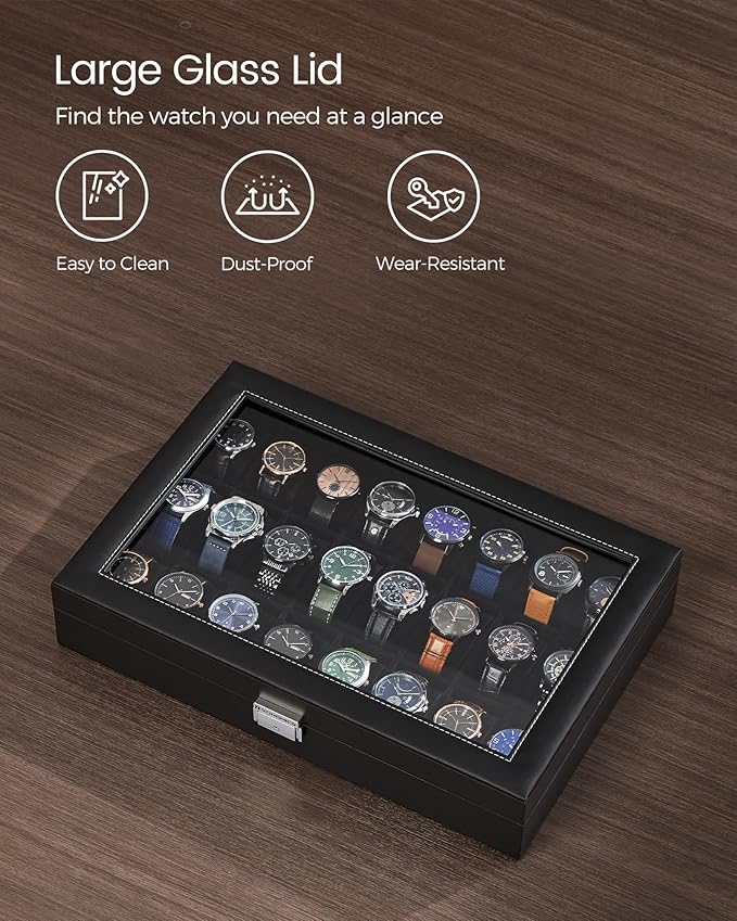 SONGMICS 24-Slot Watch Box, Lockable Watch Storage Case with Glass Lid, Gift Idea, Ink Black Synthetic Leather, Ink Black Lining UJWB024B02
