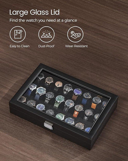 SONGMICS 24-Slot Watch Box, Lockable Watch Storage Case with Glass Lid, Gift Idea, Ink Black Synthetic Leather, Ink Black Lining UJWB024B02