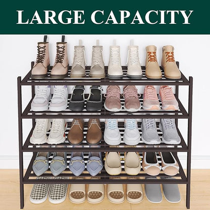 Smiry Long Bamboo Shoe Rack 4-Tier, Stackable Wooden Shoe Organizer for Entryway & Closet, Free Standing Wood Shoe Storage Shelf for Front Door & Small Spaces, Brown