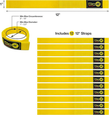 Quick-Straps by Wrap-It Storage - 12" (12 Pack) Yellow - Extension Cord Holder for RV and Boat Organizing