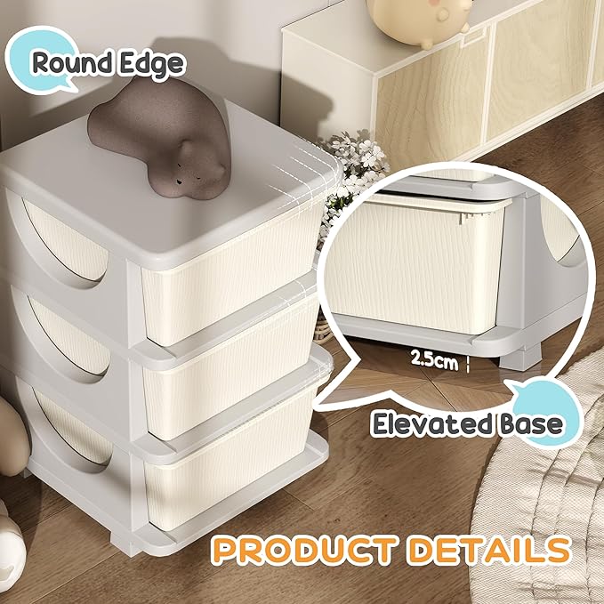 Qaba 3 Tier Kids Storage Unit, Toy Organizers and Storage with 3 Drawer Chest for Kids Bedroom Nursery Kindergarten Living Room for Boys Girls Toddlers, Cream White