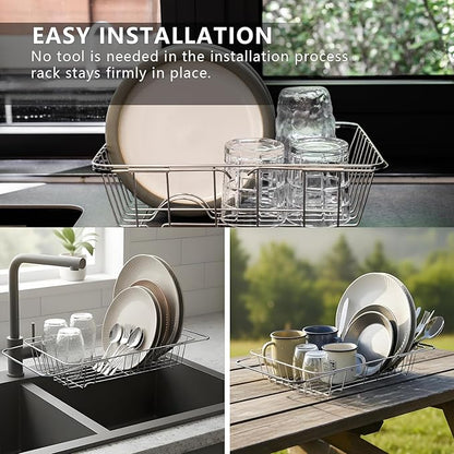 YENXIKU Over The Sink Dish Drainer Drying Rack - Expandable Stainless Steel in Sink Dish Drying Rack, High-Capacity, Rustproof, Easy Install, with Utensil Holder - Dish Racks for Kitchen Counter