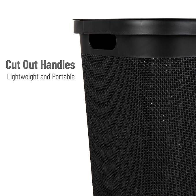 Mind Reader 60L Slim Laundry Hamper, Clothes Basket, Lid, Linen Design, Plastic, Black
