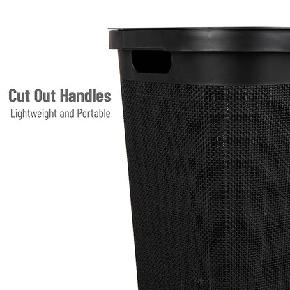 Mind Reader 60L Slim Laundry Hamper, Clothes Basket, Lid, Linen Design, Plastic, Black