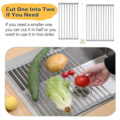Sayehuanye Roll Up Dish Drying Rack, 21.3" x 15.8" Over The Sink Dish Drying Rack, Kitchen Dish Rack Foldable Dish Drainer, Stainless Steel Dish Drying Rack for Kitchen Sink Counter Storage (Grey)