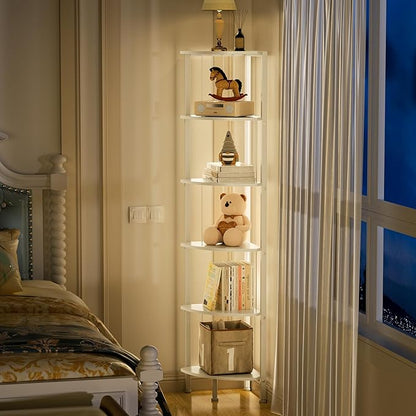 6 Tier Corner Shelf with Light, Music Synic 60000 DIY LED Color Smart Remote Tall Display Shelves Corner Shelf Stand Bookshelf Wood Rack Metal Frame for Living Game Room Bedroom, White