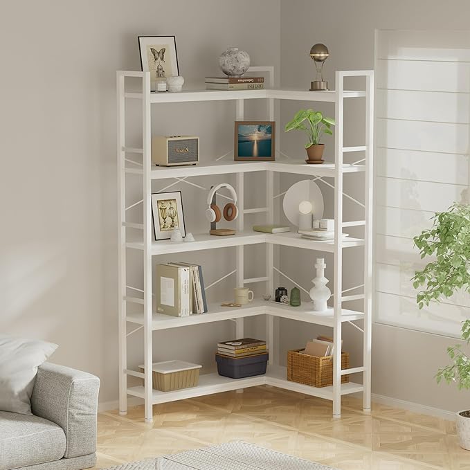 5-Shelf Corner Bookshelf, Large Open Shelf Bookcase,White Metal Frame, L-Shaped Storage Rack with Cross Braces for Living Room Home Office