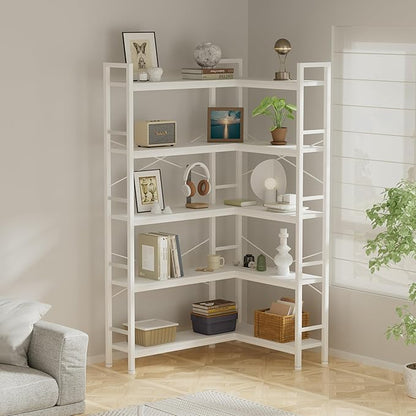5-Shelf Corner Bookshelf, Large Open Shelf Bookcase,White Metal Frame, L-Shaped Storage Rack with Cross Braces for Living Room Home Office