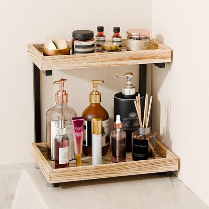 2-Tier Bathroom Counter Organizer with Suction Cups - Non-Slip Vanity Countertop Organizers for Makeup, Perfume & Skincare, Wooden Counter Storage Shelf for Bathroom, Sink, Kitchen