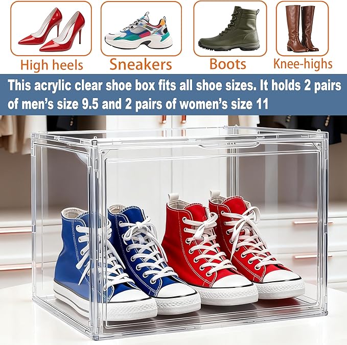 Extra XXX-Large Acrylic Display Case 17.3''x13''x13'' Super Large Figures Collectibles Helmet Showcase Tall Boot Shoe Boxes Clear Stackable Huge Storage Box with Magnetic Lid, 1 Pack with 2 Shoe Bags
