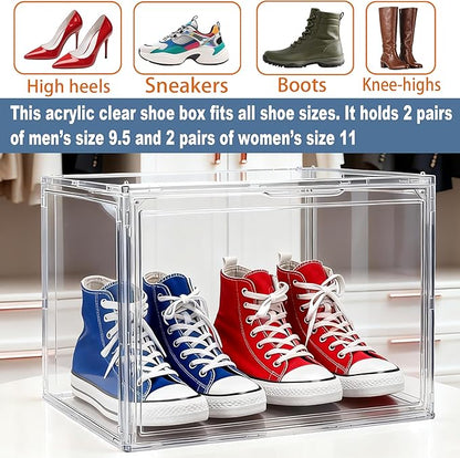 5 Pack XXX-Large Super Large Acrylic Display Case Figures Collectibles Helmet Showcase Boot & Shoe Boxes Clear Stackable Plastic Storage Bins Organizer with Magnetic Lid, 5 Pack with 2 Shoe Bags