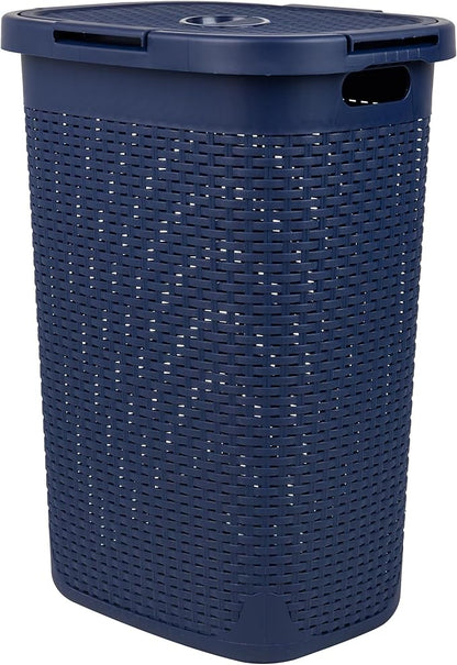 Mind Reader Slim Laundry Hamper with Lid, 60L Clothes Basket, Premium Wicker Design, Plastic, Navy