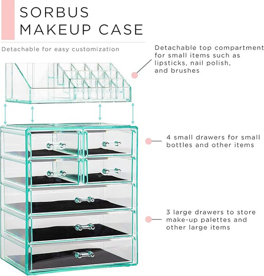 Sorbus Acrylic Makeup Organizer Set, 7-Drawer Vanity & Countertop Cosmetic Storage with Small & Wide Compartments, Teal Thrill Makeup Storage for Brushes, Jewelry – Holiday Gift for Women & Teens