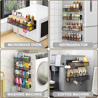 Magnetic Spice Rack for Refrigerator, 5 Pack Magnetic Shelf, Moveable Magnetic Fridge Organizer with an 8-Hook Rack, Seasoning Organizer for Kitchen Organization (Extra with 8 Hooks)