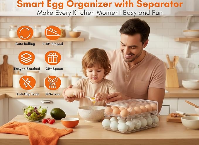 Egg Holder for Fridge (36 Eggs) | Automatic Rolling Dispenser for Refrigerator, Foldable | Fits All Egg Sizes Without Collision, Clear, Durable, BPA-Free with Lid | Gift: Egg Separator