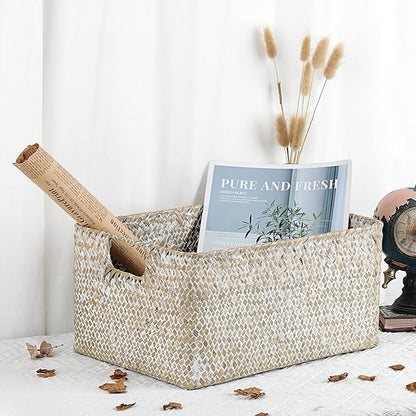 Hipiwe Seagrass Storage Basket Bin Rectangular Handwoven Wicker Storage Box with Handle Opened Baskets for Shelf Organizing Closet Bathroom, 13.3 x 9.8 x 6.7 Inch