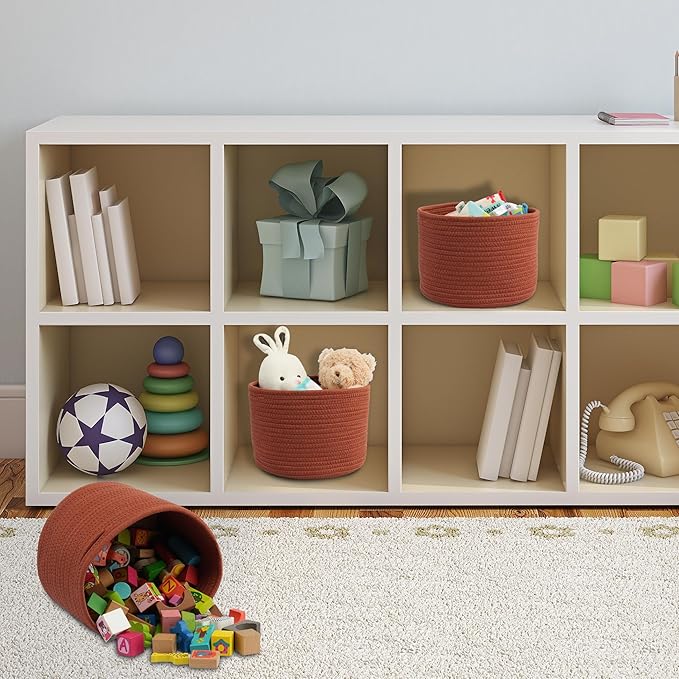 Woven Cotton Storage Baskets - 3-Pack Round Bins (10x10x7'') for Shelves, Closets & Bookcases | Durable Rope Organizers for Nursery, Baby, Toys, Easter & More (rustic)