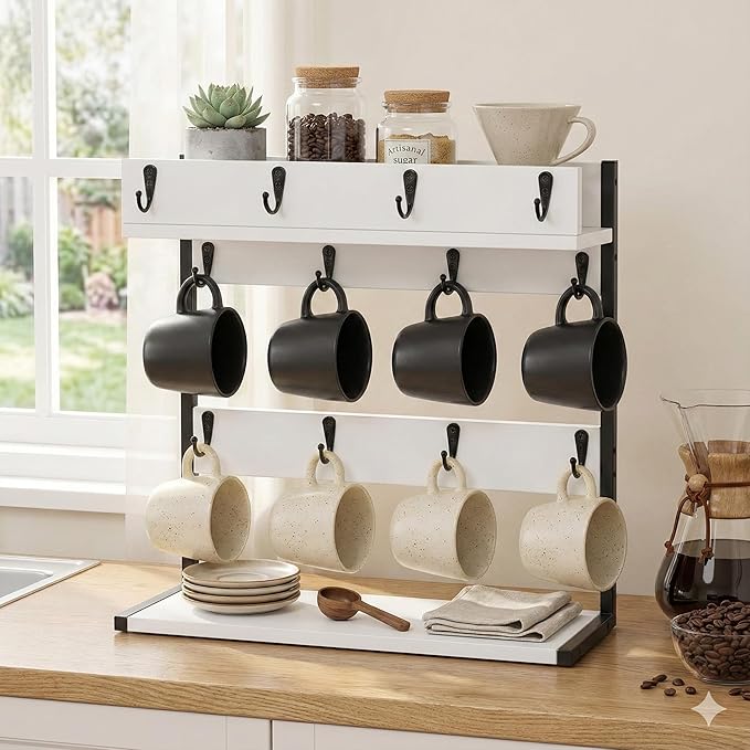 Coffee Mug Holder – 2 Tier Mug Rack Stand with Storage Base for 12 Cups – for Kitchen, Dining Room Counter & Wall Mounted Organizer & Coffee Bar Decor Accessories
