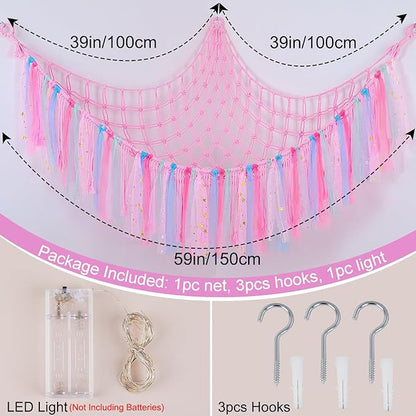 FIOBEE Stuffed Animals Net or Hammock with LED Light, Toy Hammock Hanging Stuffed Animals Storage Organizer Holder Room Décor for Nursery Kids Bedroom