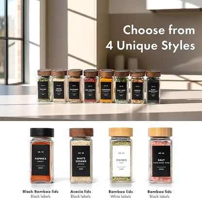EDELHAUS® Square Spice Jars with Acacia Wooden Lid (Pack of 24) Spice Jars with Shaker Insert and 240 Labels - Acacia Lid Glass Container for Spice Organisation [4.3 in × 1.8 in]