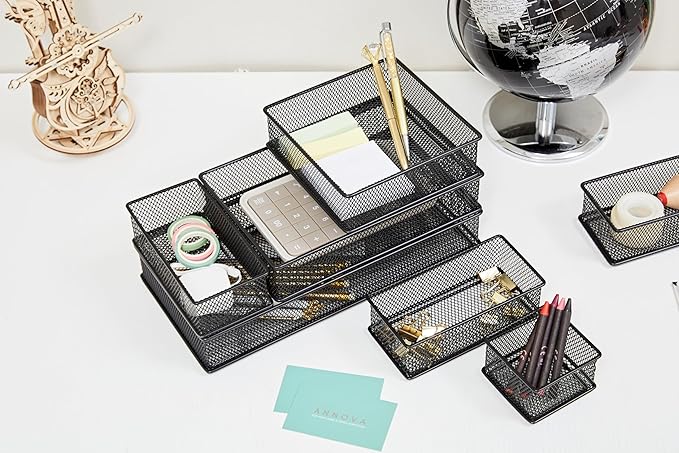 Annova Mesh Stackable Drawer Cabinet and Shelf Organizer Bins Storage Basket School Office Supply Holder Tray- Set of 2 (Black, 6x12x2 Inch)
