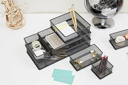 Annova Mesh Stackable Drawer Cabinet and Shelf Organizer Bins Storage Basket School Office Supply Holder Tray- Set of 2 (Black, 6x12x2 Inch)