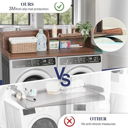 DTK Washer Dryer Wood Countertop with Shelf, Laundry Topper with Non-Slip Mat,27.55" Depth x 54" Width Dryer Covers for The Top with Edge Rails (Dark Walnut)