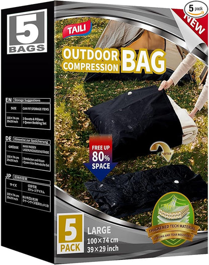 TAILI 5 Pack Outdoor Vacuum Storage Bags, Travel Compression Bags (39x29 inch), Tear-Proof Vacuum Seal for Camping, Cushion, Clothing, Waterproof, Wearproof, Punctureproof