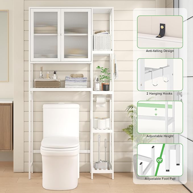 Wisuce Essentials Over The Toilet Storage Cabinet Above Toilet Bathroom Organizer with Toilet Paper Holder Stand Bath Organizer with Adjustable Shelves & Acrylic Doors,Anti-Tip Device (White)