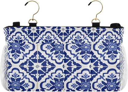 CuwrYet Bedside Caddy Hanging Bunk Bed Caddy Bed Organizer Hanging Pocket with 2 Hooks Bedside Storage Organizer Pocket Bag Holder Floral Blue and White Geometric