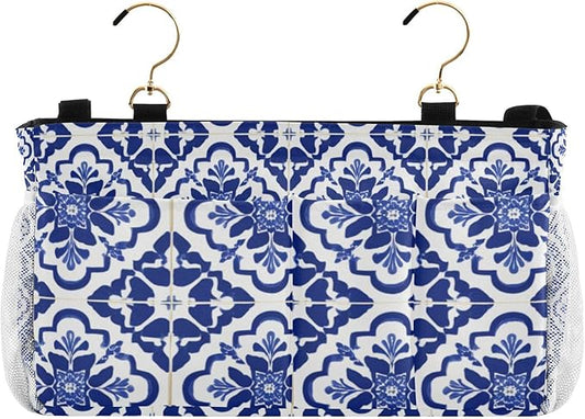 CuwrYet Bedside Caddy Hanging Bunk Bed Caddy Bed Organizer Hanging Pocket with 2 Hooks Bedside Storage Organizer Pocket Bag Holder Floral Blue and White Geometric