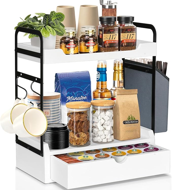 Coffee Station Organizer for Counter, Condiment Storage Caddy for Kitchen with Hooks and Bag,2 Tier Wooden Shelf for Coffee Bar Accessories,Coffee Bar Organizer for Kitchen, Home, Office-White