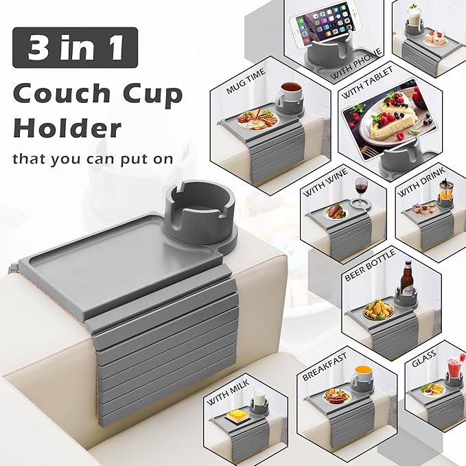 Couch Cup Holder Tray, Large Couch Arm Table with 360° Ratated Phone Holder, 3 in 1 Bamboo Sofa Armrest Tray with Anti-Slip Couch Organizer for Remote,Cellphone,Snacks