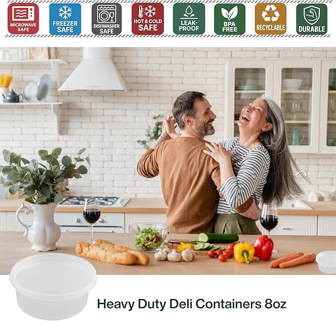 ProTakeOut 8oz [50 set] Heavy Duty Plastic Deli Container | BPA-Free Food Storage with Airtight Leak‑Proof Lids | Microwave, Freezer & Dishwasher Safe – Stackable, Bulk Reusable Soup & Meal Prep Tub