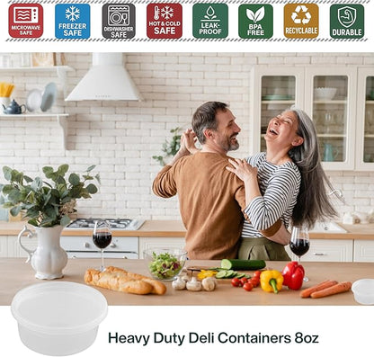 ProTakeOut 8oz [50 set] Heavy Duty Plastic Deli Container | BPA-Free Food Storage with Airtight Leak‑Proof Lids | Microwave, Freezer & Dishwasher Safe – Stackable, Bulk Reusable Soup & Meal Prep Tub