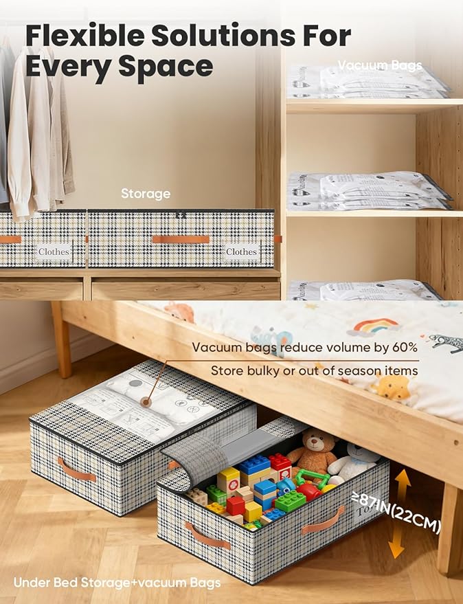 TOSKING Under Bed Storage with Wheels (2 Pack) with 4 Vacuum Bags, 7.9" Height Rolling Underbed Storage Containers, 900D Oxford Heavy Duty Drawer, 80lbs Load Organizer for Clothes, Shoes, Houndstooth