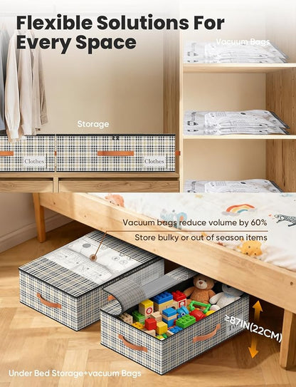 TOSKING Under Bed Storage with Wheels (2 Pack) with 4 Vacuum Bags, 7.9" Height Rolling Underbed Storage Containers, 900D Oxford Heavy Duty Drawer, 80lbs Load Organizer for Clothes, Shoes, Houndstooth