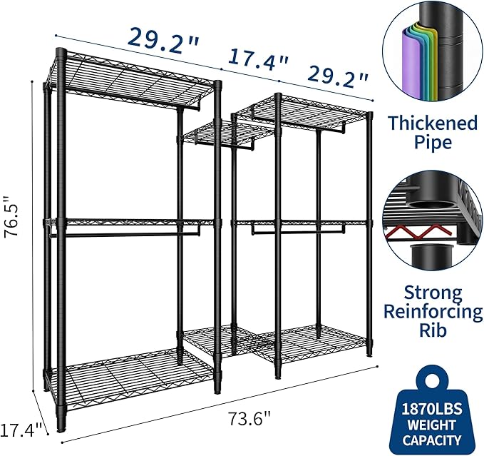 Portable Clothes Rack Heavy Duty Garment Rack, Large Freestanding Closet Wardrobe with Adjustable Shelves & 5 Hanging Rods, Closet Organizer and Storage for Bedroom Cloakroom, 76.5"H x 73.6"L x 17.4"W
