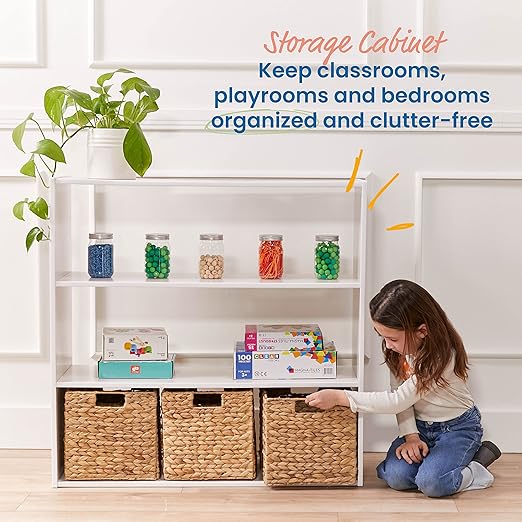 ECR4Kids Streamline 3-Shelf Storage Cabinet, 36in High, Double-Sided Display, White Wash