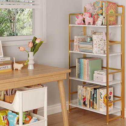 JSB No Assembly Folding Bookshelf, 4 Tier Book Shelf for Storage, Vintage Wood Foldable Bookcase for Living Room, Bedroom, Office Organization Shelves