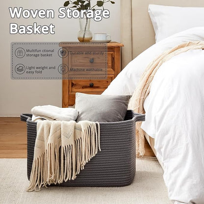 Large Toy Basket, Rectangle Woven Rope Storage Basket for Blankets, Dirty Clothes, Shoes, Nursery Organizer Bins (Dark Grey)