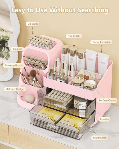 Anylady Makeup Organizer with Drawers, Skincare Organizer (Large Size Thick), Storage Box Cosmetic Display Cases, Make up Organizers for Vanity, Dresser, Desk, Kitchen, Countertop (Pink)