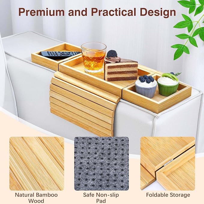 Couch Arm Tray, Expandable and Foldable Couch Armrest Table, Natural Bamboo Sofa Arm Tray, Non-Slip Armrest Organizer for Drink, Cup, Snack, Control, Fruit, Easy to Clean, Natural