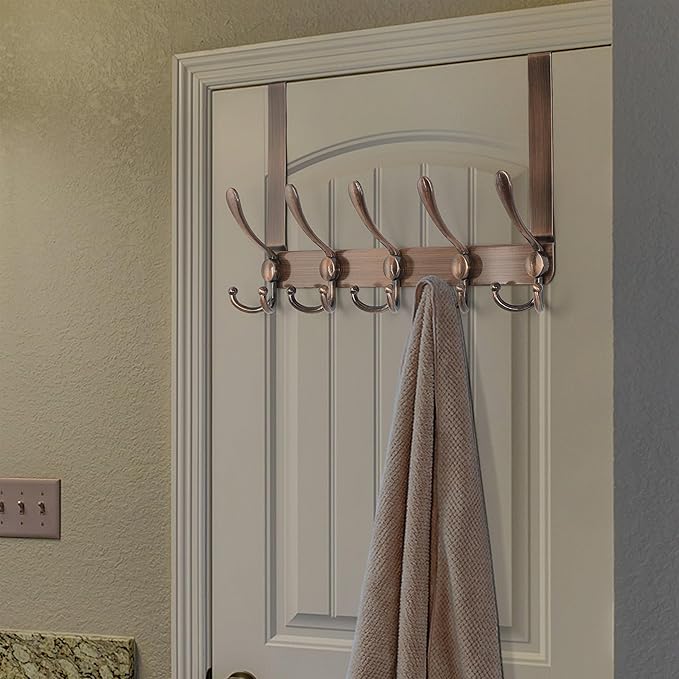 Dseap Over The Door Hook Hanger - Fits 1 3/8" to 1 3/4" Standard Doors | 5 Tri Hooks Heavy Duty Towel/Coat Rack | Door Organizer for Clothes, Jackets, Hats, Towels, Antique Copper, Pack of 2