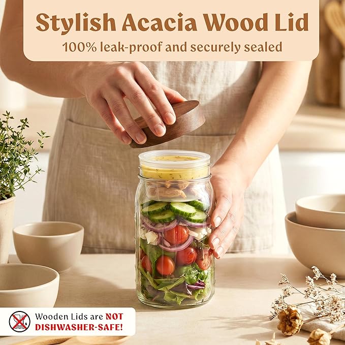 4 Pack Glass Salad Jars Pod with Wooden Lids for Meal Prep, Leakproof Container with Two Small Built in Cups for Wet/Dry Separation for Salad Dressing and Ingredients, 32oz Mason Jars