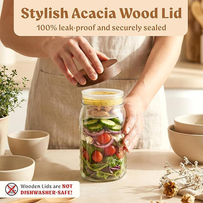4 Pack Glass Salad Jars Pod with Wooden Lids for Meal Prep, Leakproof Container with Two Small Built in Cups for Wet/Dry Separation for Salad Dressing and Ingredients, 32oz Mason Jars